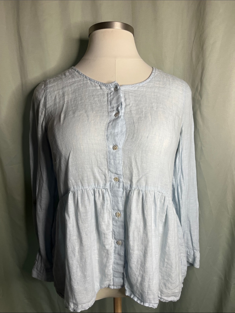 Sigrid Olsen 100% Linen Pale Blue Button-Front Peplum Shirt